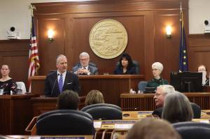 Members of the Alaska State Legislature listen to U.S. Sen. Dan Sullivan’s annual speech in the House chamber last week. Sullivan, fellow Republican U.S. Sen. Lisa Murkowski and several Alaska Native leaders on Tuesday urged the federal government to approve the Willow project. (Mark Sabbatini / Juneau Empire File)