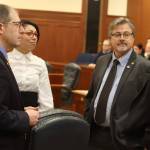 State Sen. Jesse Kiehl, D-Juneau, talks with fellow senators Löki Tobin, D-Anchorage, James Kaufman, R-Anchorage, and Mike Shower, R-Wasilla, before Wednesdays floor session where a bill introduced by Kiehl was the first to pass the upper chamber this session. (Mark Sabbatini / Juneau Empire)