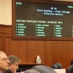 The Alaska State Senate unanimously passes its first bill of the current legislative session Wednesday, sponsored by state Sen. Jesse Kiehl, D-Juneau, lower left. The bill makes disabled military veterans residing in Alaska eligible for free trapping licenses in addition to hunting and fishing, and makes free service-related licenses for all three activities permanent instead of annual. (Mark Sabbatini / Juneau Empire)