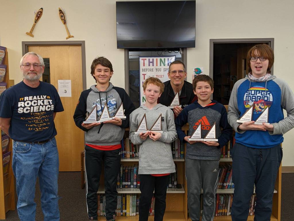 Doug Murray, Former SE MC Coordinator, next to FDMS mathcounts team. From left to right, Caden Morris, Liam Kiessling, Alan Degener (FDMS coach), Dan Degener and Tyler Oudekerk. (Courtesy Photo / Sheila Degener)
