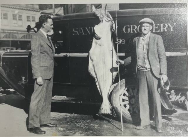 Grocer Gunnar Blomgren displays a large halibut as he stands in front of his Sanitary Grocery delivery truck on Front Street. Photo by Ordway, possibly in 1933. (Courtesy Photo /Gunnar Blomgren Family Collection)
