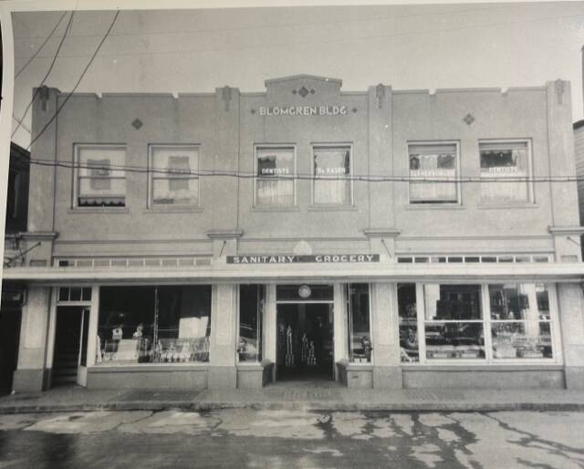 Gunnar Blomgrens Sanitary Grocery on Front Street shortly after the second floor addition was opened in 1931. The single story concrete structure was first built in 1924. (Courtesy Photo /Gunnar Blomgren Family Collection)