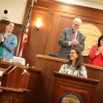 U.S. Rep. Mary Peltola gets a standing ovation from presiding legislative leaders and staff following her speech Friday to a joint session of the Alaska State Legislature. The 16-minute address was far shorter than speeches by other Alaska congressional members and governors in recent memory, but she also spent a comparable amount of time answer questions from legislators. (Clarise Larson / Juneau Empire)