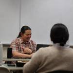 Professor of Alaska Native languages at the University of Alaska Southeast, Xunei Lance Twitchell, analyses a ChatGPT story in Lingít while teaching his Intermediate Tlingit II class Thursday evening. (Clarise Larson / Juneau Empire)