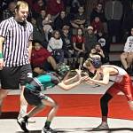 Caleb Scussel from Floyd Dryden Middle School and Luke Bell from Haines Glacier Bears square off against each other for the first of the final matches for this years Southeast Alaska Middle School Regional Wrestling Tournament on Saturday at Floyd Dryden Middle School. (Jonson Kuhn / Juneau Empire)