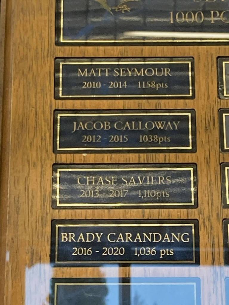 A plaque displaying the names of Thunder Mountain High Schools 1,000 point club sits in a display case near the schools gymnasium. Junior Thomas Baxter reached the mark in a Feb. 9 game against Lathrop High School. He hasnt slowed down since and is now TMHS third-leading scorer. (Courtesy Photo / John Blasco)