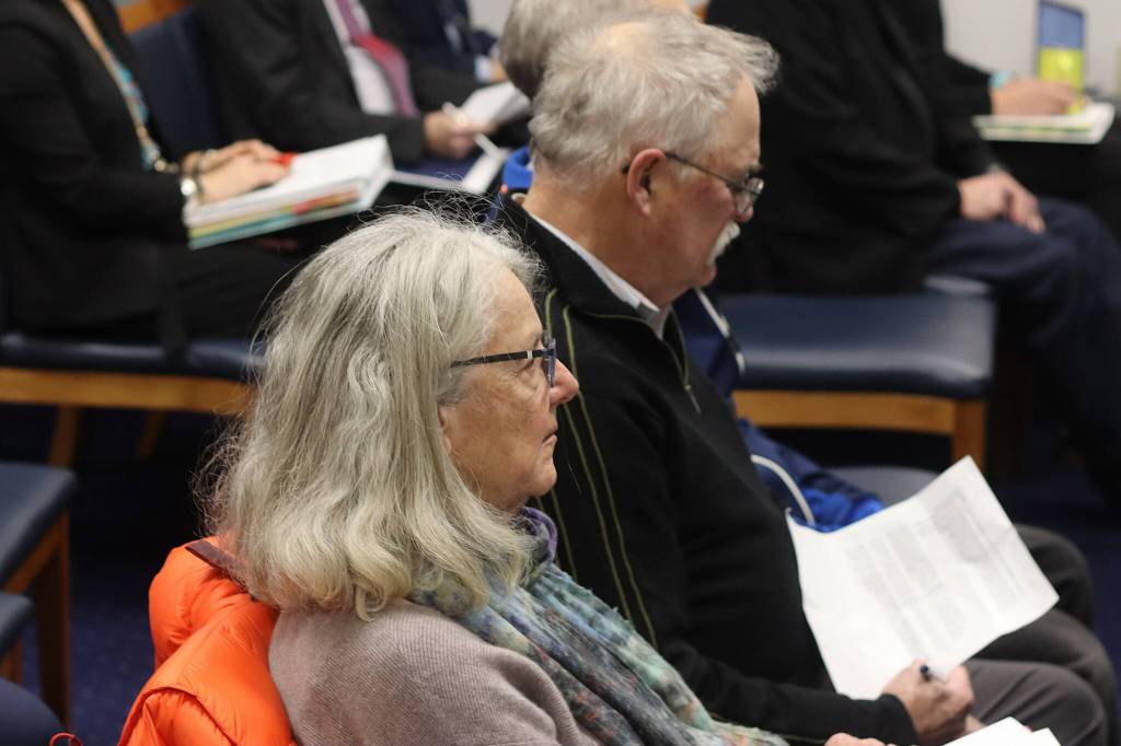 Elaine Schroeder, a member of 350Juneau  Climate Action for Alaska, waits her turn to testify against the proposed Willow oil field during a House Resources Committee meeting on Friday. She and other people testifying at the meeting were allowed 90 seconds each for their remarks. (Mark Sabbatini / Juneau Empire)