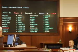 Rep. David Eastman, R-Wasilla, watches his fellow House members censure him by a 35-1 vote Wednesday. The censure, which came after he asked about potential economic benefits from the deaths of abused children, is the second for Eastman, the only House member ever reprimanded in such a manner. Eastman was the lone vote against the motion.(Clarise Larson / Juneau Empire)