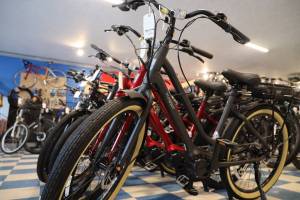 A line of electric-assisted bicycles sit on display at Juneau Bike Doctor Thursday afternoon. Two companion bills introduced this year seeks to revise state code to allow for any e-bikes a part of the generally recognized three-tier classifications of e-bikes to ride anywhere a regular bike would be allowed. (Clarise Larson / Juneau Empire)