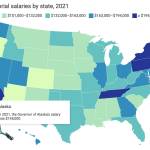 A map shows the salary for Alaskas governor of $145,000 a year is midrange compared to other states. A proposal rejected by the state Senate that would raise the governors salary to about $176,000, which would rank 10th among states rather than the current ranking of 28th. (Sources: Book of the States, Ballotpedia)