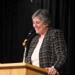 University of Alaska President Pat Pitney speaks to members of the Greater Juneau Chamber of Commerce Thursday afternoon at Elizabeth Peratrovich Hall. (Clarise Larson / Juneau Empire)