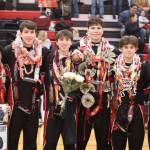 Jonson Kuhn / Juneau Empire 
From left to right, JDHS seniors Kurt Kobe Magallong, Kai Hargrave, Joseph Aline, Orion Dybdahl, Caden Mesdag and Bodhi Nelson all gather for a group photo on JDHS Senior Night before playing TMHS for the last conference game of the season.