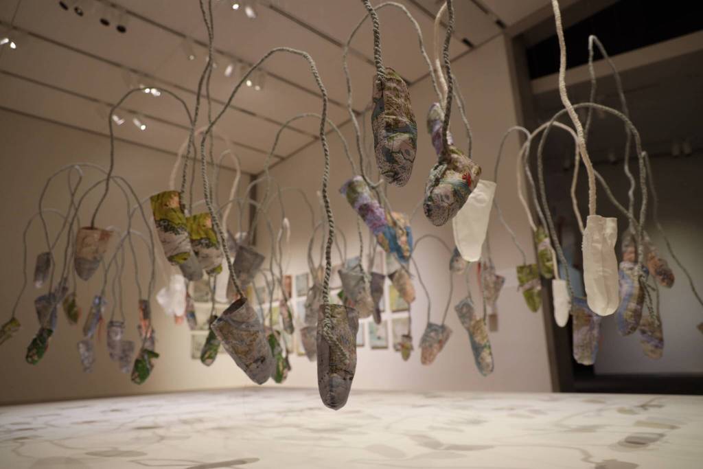 The series Credible, Idiot Strings features cotton fabric, nylon thread and steel wire to draw attention to the high rates of suicide in Alaska Native and Indigenous communities. The series is a part of the new exhibition Visceral: Verity on display at the Alaska State Museum. (Clarise Larson / Juneau Empire)