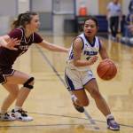 TMHS junior Mikah Carandang takes the ball down court against Ketchikan while defended by Shyla Abajian earlier this season in a conference game at home. (Ben Hohenstatt / Juneau Empire)