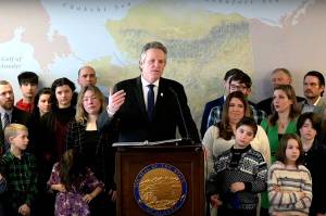 Screenshot from official livestream 
Gov. Mike Dunleavy unveils proposals to offer public school teachers annual retention bonuses and enact policies similar so-called dont say gay laws in states such as Florida during a press conference in Anchorage on Tuesday.