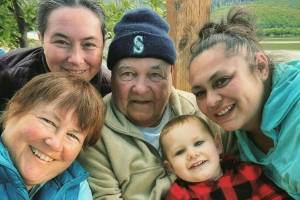 Four generations at Mickey’s Fishcamp. Back row left to right: Vivian Mork Yeilk’, Mickey Prescott, Nikka Mork. Front: Vivian Faith Prescott and Bear Hurst. (Courtesy Photo / Howie Martindale)