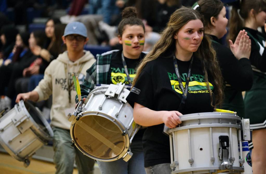 Petersburgs Anya Pawuk (11) shoots in front of Wrangells Kiara Harrison during the Region V tournament on Wednesday. (Klas Stolpe / For the Juneau Empire)