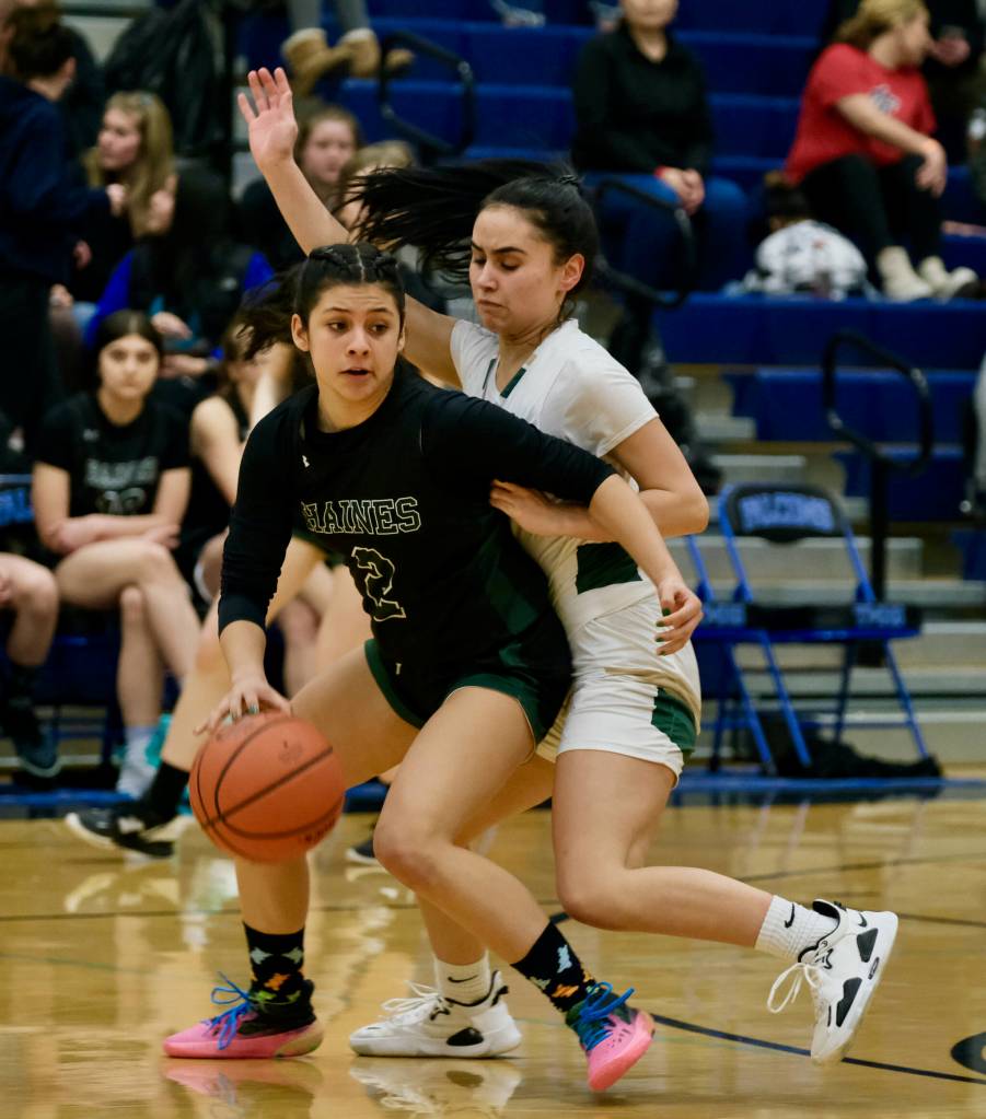 Haines Grace Long Godinez (2) is defended by Craigs Alexis Lawnicki during Region V tournament action on Wednesday. (Klas Stolpe / For the Juneau Empire)