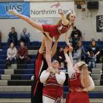 Members of the Wrangell cheer team perform Wednesday at the Region V tournament. (Klas Stolpe / For the Juneau Empire)