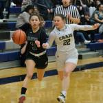 Haines Ariel Godinez Long (3) dribbles against Craigs Makenna Tayor (22) during Region V tournament action on Wednesday. (Klas Stolpe for Juneau Empire) (Klas Stolpe / For the Juneau Empire)