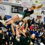 Craig cheerleaders perform during the Region V tournament on Wednesday. (Klas Stolpe / For the Juneau Empire)