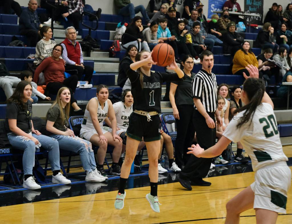 Haines MacKenzy Dryden shoots from the arch against Craig during the Region V tournament on Wednesday. (Klas Stolpe / For the Juneau Empire)