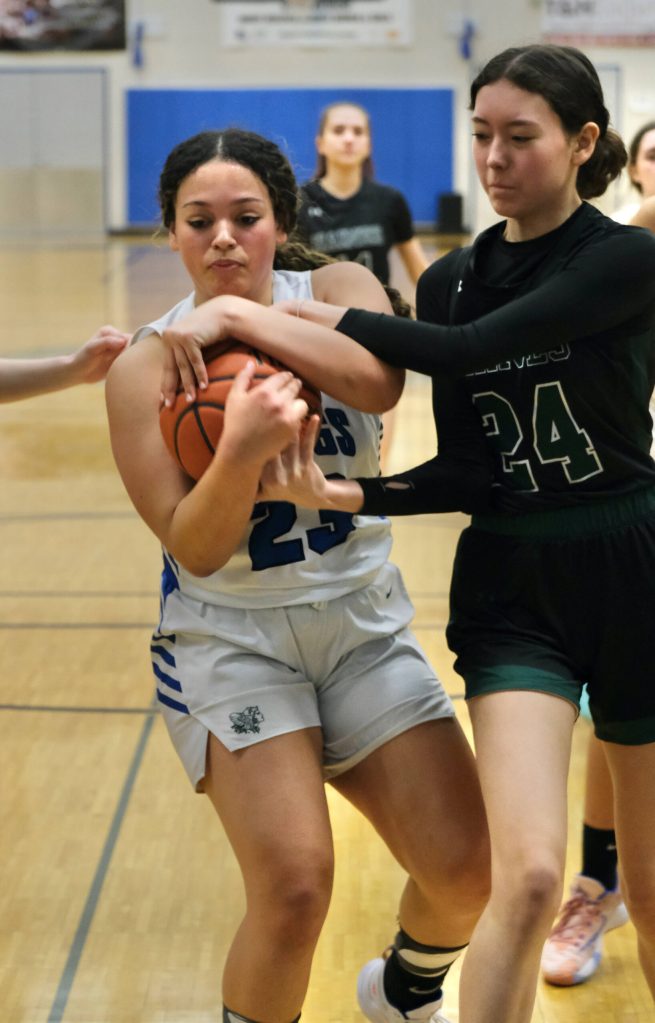 Petersburgs Adarra Curtiss (23) battles for a ball with Haines Raven Hotch (24) during the Region V tournament on Thursday. (Klas Stolpe / For the Juneau Empire)