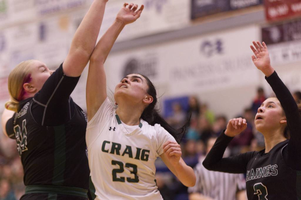 Craig senior Alexis Lawnicki (23) watches the ball find the bottom of the net late in a win against Haines. (Ben Hohenstatt / Juneau Empire)
