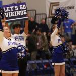 The Petersburg cheerleaders encourage their team at halftime. The performance brought those in attendance to their feet. (Ben Hohenstatt / Juneau Empire)