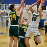 Haines High School senior Eric Brouillette (40) shoots over Craig High School sophomore Ayden Benolken (24) and freshman Josh Bennett (10) during the Glacier Bears 68-39 win over the Panthers in the Region V 2A/4A Basketball Tournament on Wednesday, Mar. 8, 2023 at Thunder Mountain High School in Juneau. (Klas Stolpe / For the Juneau Empire)