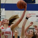 Wrangell High School senior Kiara Harrison (11) rebounds over senior teammate Trinity Faulkner (2) and Petersburg High School sophomores Iris Case (10) and Kylie Mattingly (30) during the Lady Wolves 48-10 win over the Lady Vikings in the Region V 2A/4A Basketball Tournament on Wednesday at Thunder Mountain High School in Juneau. (Klas Stolpe / For the Juneau Empire)
Wrangell High School senior Kiara Harrison (11) rebounds over senior teammate Trinity Faulkner (2) and Petersburg High School sophomores Iris Case (10) and Kylie Mattingly (30) during the Lady Wolves 48-10 win over the Lady Vikings in the Region V 2A/4A Basketball Tournament on Wednesday at Thunder Mountain High School in Juneau. (Klas Stolpe / For the Juneau Empire)