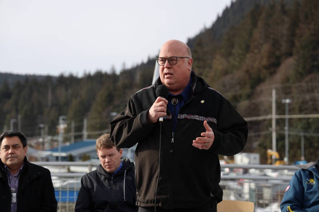 Rep. Kevin McCabe, a Big Lake Republican, speaks Thursday afternoon in support of an agreement between the Alaska Department of Transportation and Public Facilities and Goldbelt Inc. to pursue engineering and design services to determine whether its feasible to build a new ferry terminal facility in Juneau at Cascade Point. (Clarise Larson / Juneau Empire)
