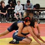 Emanual Canales Ortiz of the Juneau Youth Wrestling Club prepares for second period against Dawson Folcik of Palmer on March 3-4 in Fairbanks. (Courtesy Photo / Melinda Messmer)