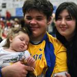Metlakatla senior Cameron Gaube and Samantha Marsden pose with infant daughter Paris after the Chiefs won the Region V Championship over Petersburg on Friday. (Klas Stolpe / For Juneau Empire)
Metlakatla senior Cameron Gaube and Samantha Marsden pose with infant daughter Paris after the Chiefs won the Region V Championship over Petersburg on Friday. (Klas Stolpe / For Juneau Empire)