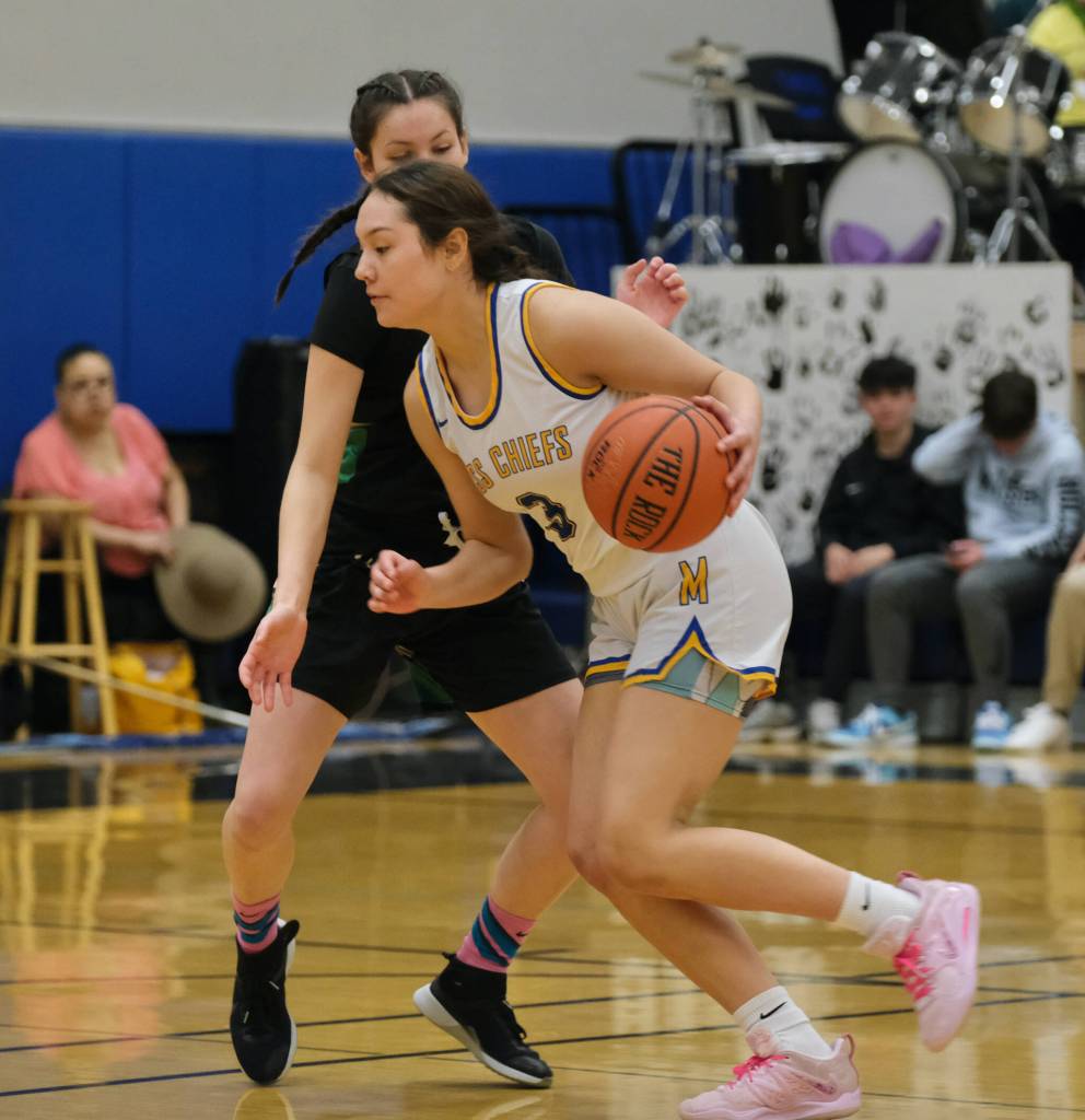 Metlakatla High School junior Kennedy Cook (3) dribbles against Craig senior Laci Lowery during the MisChiefs 2A Region V Championship game win over the Lady panthers on Friday at Juneau's Thunder Mountain High School. (Klas Stolpe  / for the Juneau Empire)