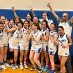 TMHS coach Andy lee poses with the Thunder Mountain Lady Falcons, the new region champions on Friday, after defeating JDHS in the final match up of the tournament. (Jonson Kuhn / Juneau Empire)