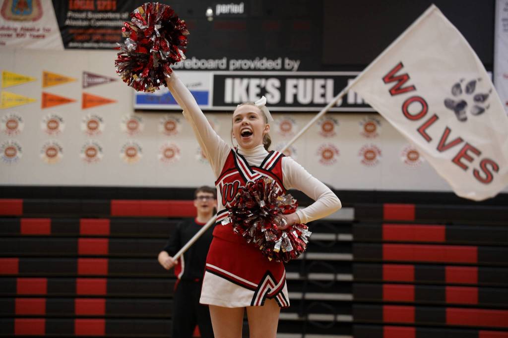 A Wrangell High School cheerleader shouts to the crowd during the annual Region V 2A/4A dance adjudication competition hosted at Juneau-Douglas High School:Yadaa.at Kalé Saturday afternoon. (Clarise Larson / Juneau Empire)