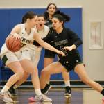 Haines senior Grace Long Godinez (2) defends Craig senior Alissa Durgan (15) during the Lady Glacier Bears 45-35 win over the Lady Panthers in the 2A Region V Runner Up game on Saturday at Juneaus Thunder Mountain High School. (Klas Stolpe / For the Juneau Empire)
