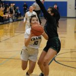 Haines senior Alison Benda (14) defends Craig sophomore Faith Horner (10) during the Lady Glacier Bears 45-35 win over the Lady Panthers in the 2A Region V Runner Up game on Saturday at Juneaus Thunder Mountain High School. (Klas Stolpe / For the Juneau Empire)
