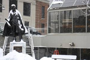 Snow blankets the courtyard outside the Juneau - State Courthouse, where a sit-in starting at 8 a.m. Wednesday was announced by people protesting what they called unconstitutional restrictions recently placed on grand juries. Only one protester said she came by shortly before noon, but didnt stay long because no other people were there. Similar (Mark Sabbatini / Juneau Empire)