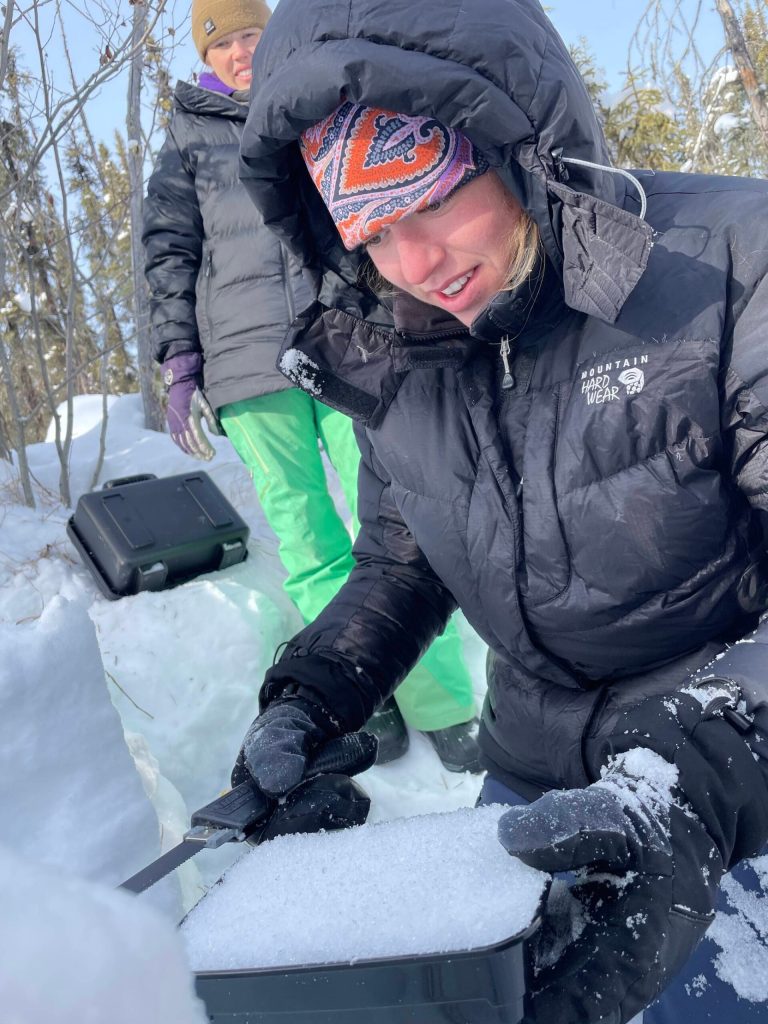 Hannah Wittman of the Cold Regions Research and Engineering Laboratory in Hanover, New Hampshire, gathers a snow sample from a forest near Fairbanks on March 15, 2023, as part of a NASA experiment called SnowEx. Kaitlin Meyer of Ohio State University looks on. (Courtesy Photo / Ned Rozell)