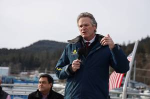 Gov. Mike Dunleavy speaks in support of an agreement between the Alaska Department of Transportation and Public Facilities and Goldbelt Inc. to pursue engineering and design services to determine whether its feasible to build a new ferry terminal facility in Juneau at Cascade Point. (Clarise Larson / Juneau Empire File)