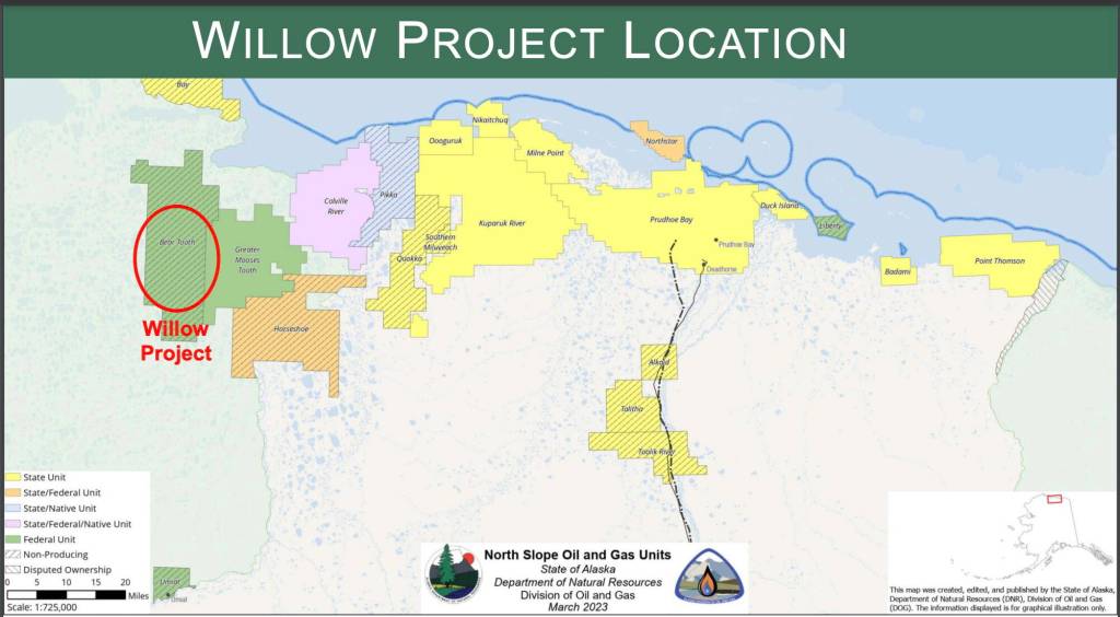 A map shows the Willow oil field in relationship to other projects on the North Slope. The Willow field is unique because it is entirely on federal land, which means the state doesnt receive royalties from production.(Alaska Department of Natural Resources)