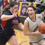 Prince of Wales Michaela Demmert (23) drives the lane for a 2 point shot against Yakutat for the second W bracket game on Thursday for Gold Medal basketball. Demmert would finish the game with 11 points. (Jonson Kuhn / Juneau Empire)