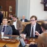 Legislative fiscal analysts Alexei Painter, right, and Conor Bell explain the states financial outlook during the next decade to the Senate Finance Committee on Friday. (Mark Sabbatini / Juneau Empire)