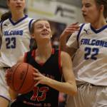 Ben Hohenstatt / Juneau Empire File 
JDHS Skylar Tuckwood takes the ball up for 2-points against TMHS during this years Region V tournament. The Crimson Bears won their Friday game against Lathrop High School and will now play TMHS on Saturday.