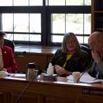 State representatives Alyse Galvin, I-Anchorage, left, Sara Hannan, D-Juneau, and Andy Josephson, D-Anchorage, study proposed amendments to next years state budget during a House Finance Committee meeting Tuesday. (Mark Sabbatini / Juneau Empire)