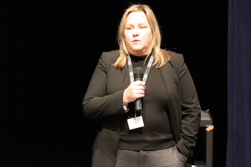 Jonson Kuhn / Juneau Empire
Superintendent candidate Carlee Simon speaks with members of the community from the Thunder Mountain High School auditorium on Tuesday during the Juneau School Boards public forum which gave finalists a chance to introduce themselves and answer questions posed from the school board and public.