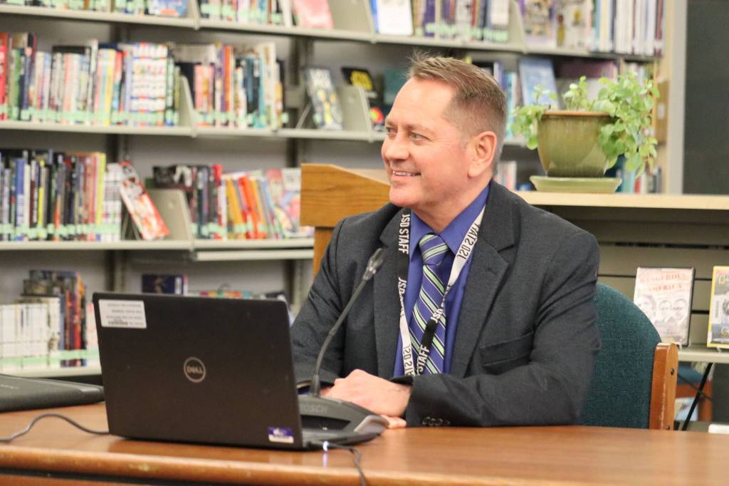 Jonson Kuhn / Juneau Empire
Thom Peck answers questions from the Juneau School Board on Tuesday at Thunder Mountain High School. Each of the three finalists for the Juneau superintendent position took turns rotating from the high schools auditorium to the library to better explain why they feel theyre the best person for the position.