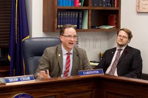 Rep. Ben Carpenter, R-Nikiski, speaks during a meeting of the House State Affairs committee on Tuesday, March 28, 2023 in Juneau, Alaska. (Mark Sabbatini / Juneau Empire)